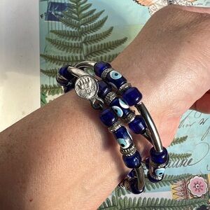 Handmade Blue Evil Eye Beaded Bracelet - Silver Accents